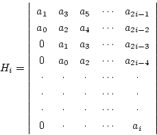 \begin{displaymath}H_i=\left\vert \begin{array}{ccccc}
a_1 & a_3 & a_5 & \cdots...
...\\
0 & \cdot & \cdot & \cdots & a_i
\end{array} \right\vert \end{displaymath}