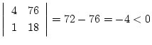 $ \left\vert \begin{array}{cc}
4 & 76 \\
1 & 18
\end{array} \right\vert
=72-76=-4<0 $