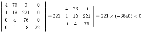 $ \left\vert \begin{array}{cccc}
4 & 76 & 0 & 0 \\
1 & 18 & 221 & 0 \\
0 & 4 &...
...0 \\
1 & 18 & 221 \\
0 & 4 & 76
\end{array} \right\vert
=221\times (-3840)<0 $