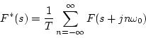 \begin{displaymath}
F^{*}(s)=\frac{1}{T}
\sum_{n=-\infty}^{\infty}F(s+jn\omega_{0})
\end{displaymath}