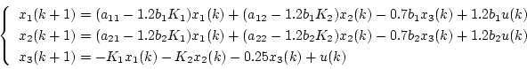 \begin{displaymath}
\left\{
\begin{array}{l}
x_1(k+1)=(a_{11}-1.2b_1K_1)x_1(k...
...k+1)=-K_1x_1(k)-K_2x_2(k)-0.25x_3(k)+u(k)
\end{array} \right.
\end{displaymath}