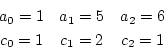 \begin{displaymath}
\begin{array}{ccc}
a_0 = 1 & a_1 = 5 & a_2 = 6 \\
c_0 = 1 & c_1 = 2 & c_2 = 1
\end{array}\end{displaymath}