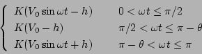\begin{displaymath}
\left\{
\begin{array}{lcl}
K(V_0\sin \omega t-h) & \hbox{...
...& \hbox{ } & \pi -\theta<\omega t\leq \pi
\end{array} \right.
\end{displaymath}