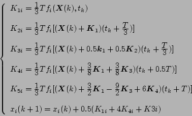 \begin{displaymath}
\left\{ \begin{array}{l}
K_{1i}=\frac{\displaystyle{1}}{\di...
...x_i(k+1)=x_i(k)+0.5(K_{1i}+4K_{4i}+K{3i})
\end{array} \right.
\end{displaymath}